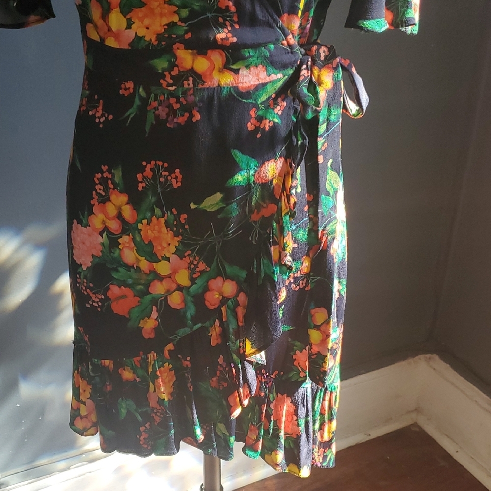 Zara Black Floral Wrap  Dress with Pink, Orange & Green Accents - Picture 4 of 13
